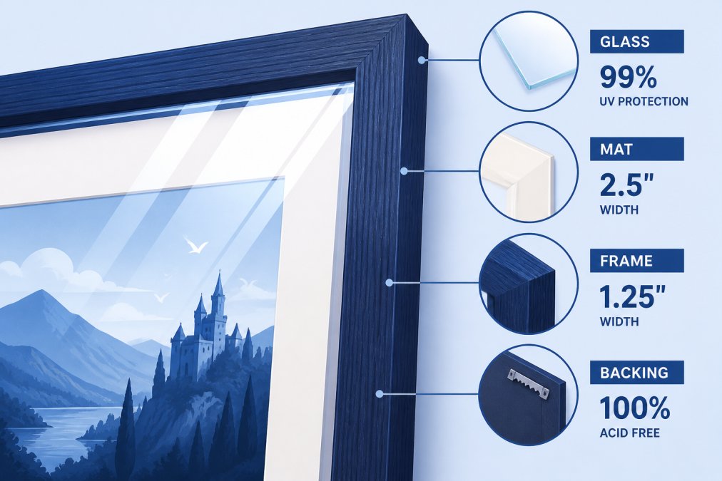 Close-up detail of a framed art print showing the interplay of matting, frame materials, and glass finish, with light reflecting off the surface to highlight the quality of the frame construction and the clarity of the protective glass