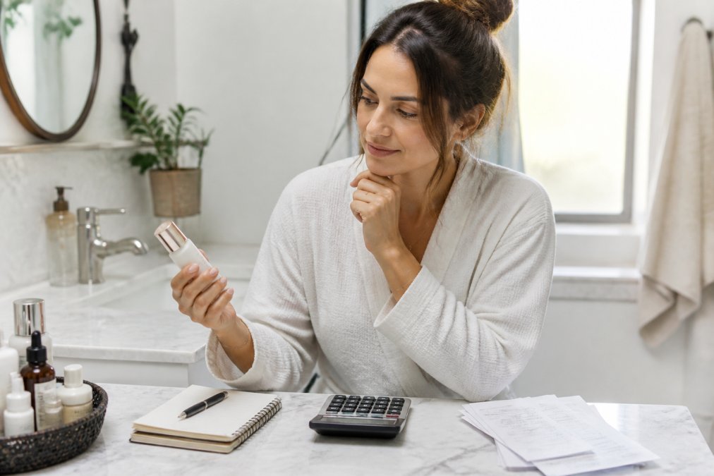 A woman in a bright bathroom holding a skincare product next to a calculator and notepad, comparing cost-per-use with a thoughtful expression