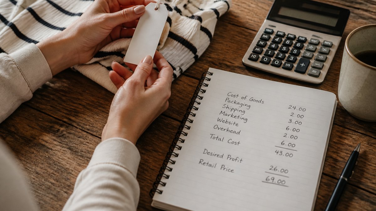 A close-up of a woman's hands holding a garment tag next to a calculator and a notebook with handwritten price breakdown notes on a wooden table