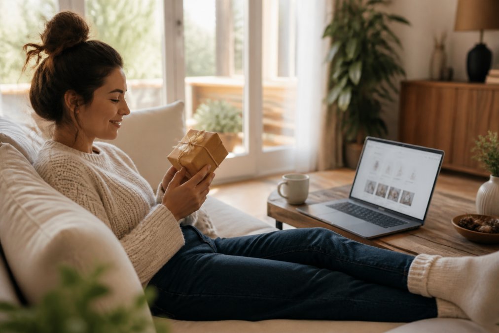 A person relaxing on a bright sofa holding a small uniquely wrapped gift box, laptop open to a clean minimal online store on the coffee table, soft natural afternoon light, calm stress-free mood