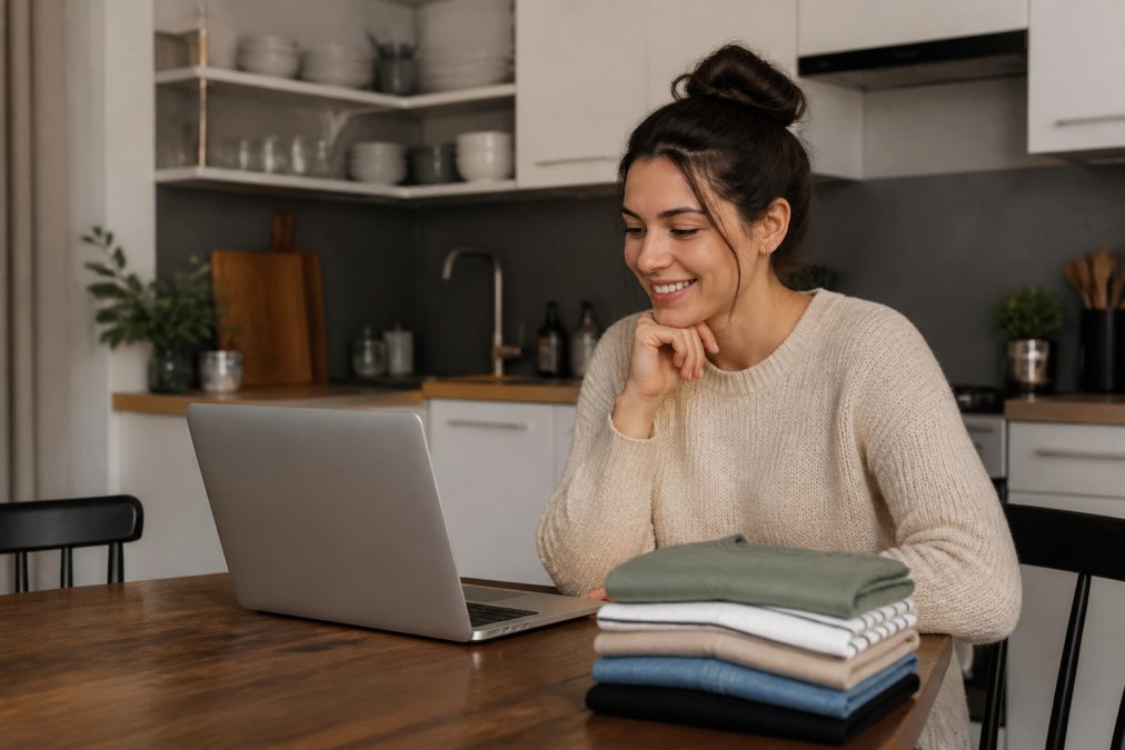 A person sitting at a kitchen table with a laptop open to an online clothing store, a small neat stack of folded clothes beside them, looking relaxed and confident rather than overwhelmed