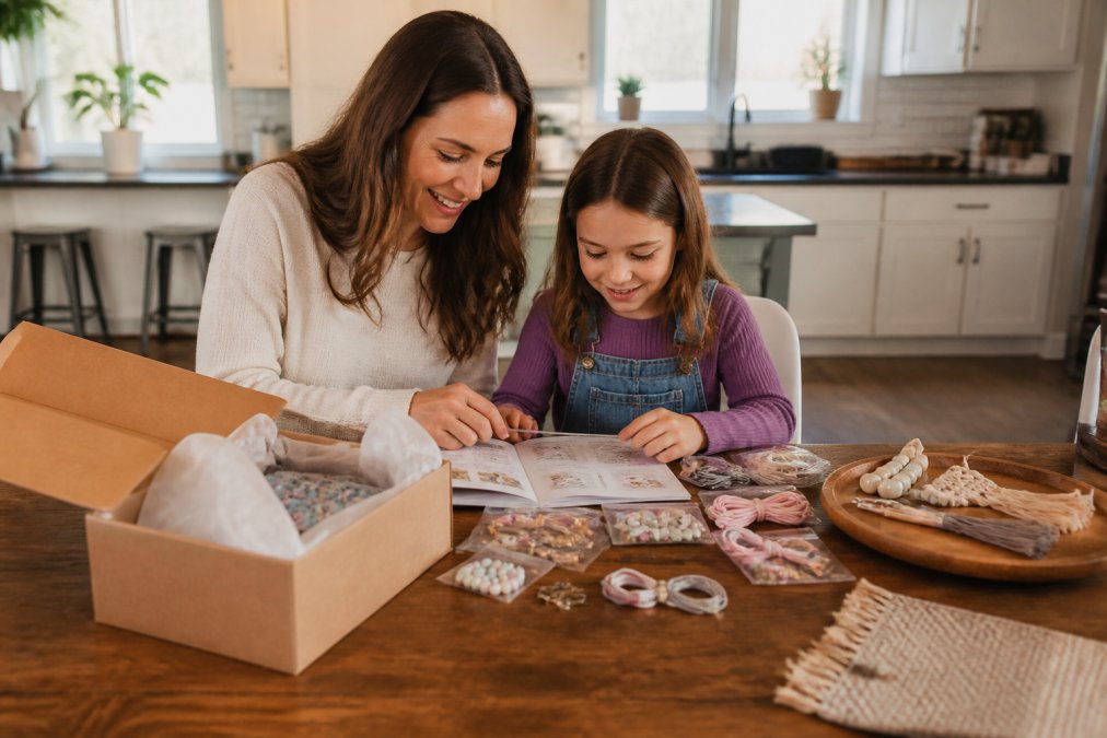 A parent and child at a kitchen table opening a craft kit box with all supplies laid out neatly, instructions visible, natural daylight, warm home setting