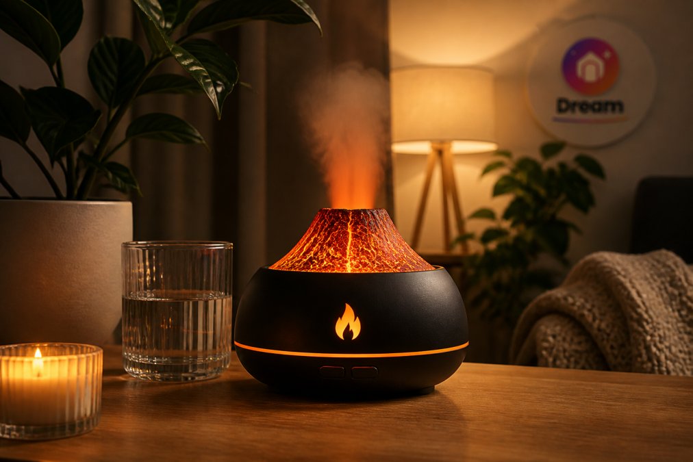 A cozy home setting with a volcanic flame diffuser glowing on a wooden desk beside a glass tumbler and a small scented candle, warm evening light, plants in the background
