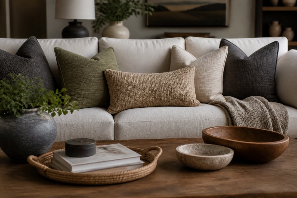 Carefully arranged sofa with layered accent pillows in coordinated earth tones and textures, sage green, warm taupe, cream, and charcoal, demonstrating color palette cohesion in a curated living room
