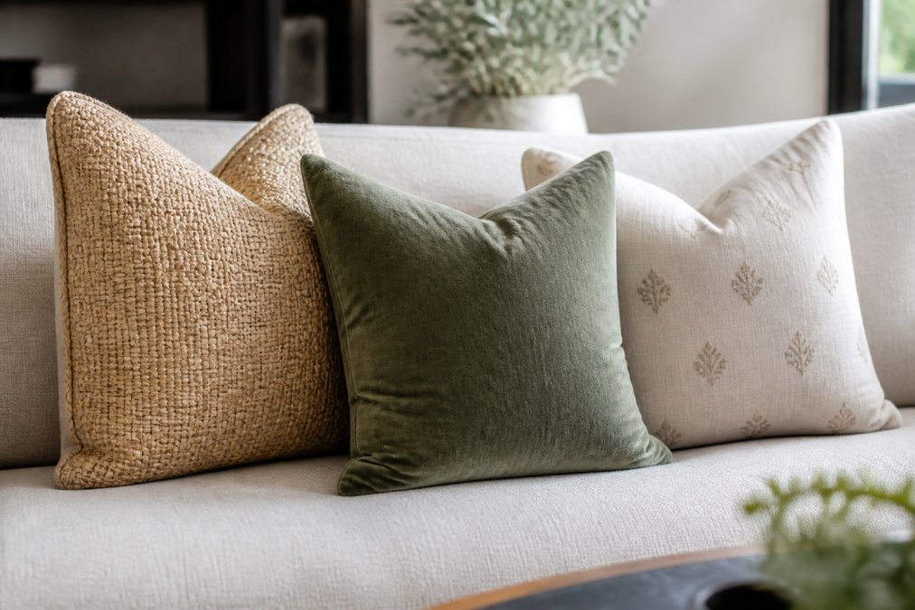 Close-up of a contemporary sofa styled with three accent pillows in complementary textures, a woven natural fiber pillow, a soft velvet pillow in sage green, and a linen pillow with subtle pattern, showing how varied textures and colors work together on one piece