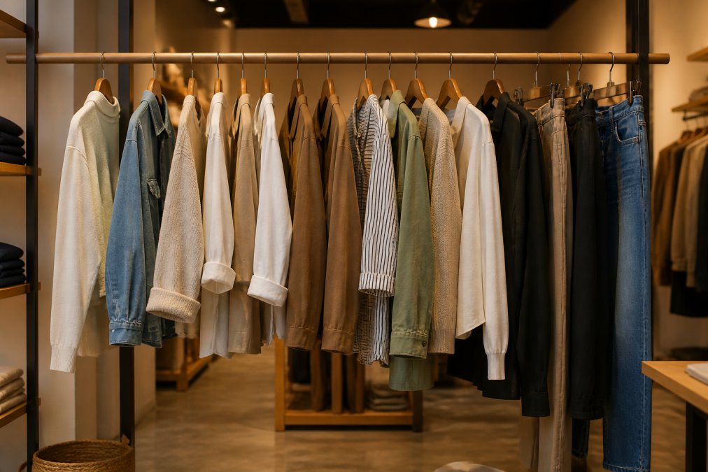 A neatly organized clothing rack displaying a small, cohesive selection of modern everyday outfits in neutral and complementary tones, photographed in a clean, well-lit retail setting with warm overhead lighting