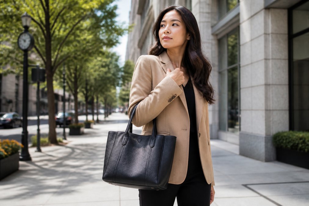 A stylish professional woman in a tailored blazer holding a quality pebbled leather tote bag, standing on a bright modern city street, looking confident and polished