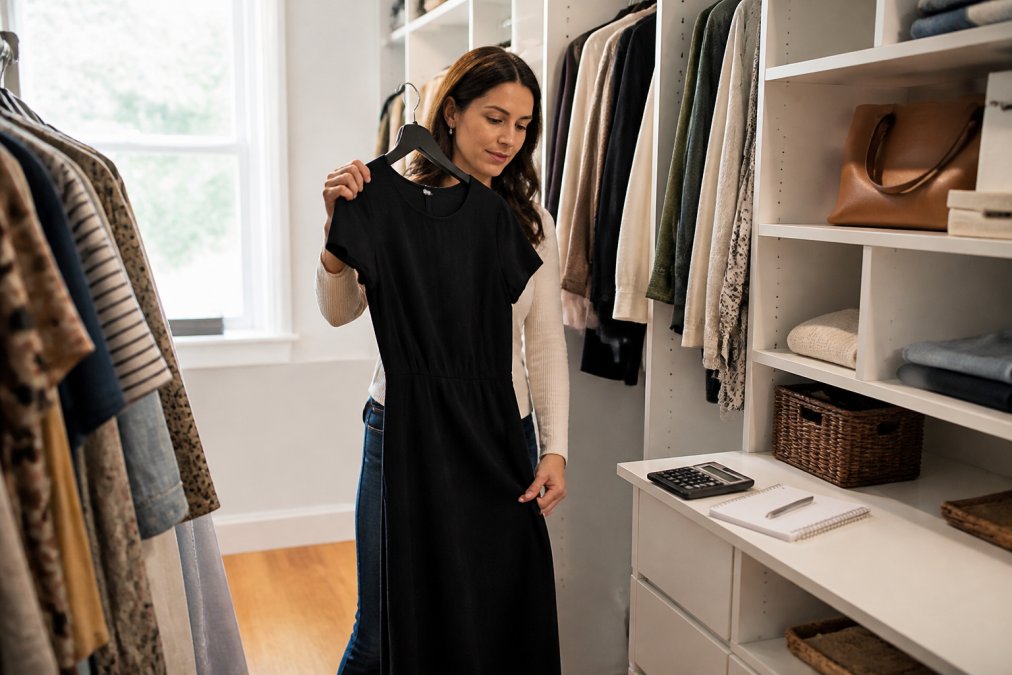 A woman in her thirties standing in a bright walk-in closet, holding a classic black midi dress on a hanger while a calculator and notebook rest on a nearby shelf, evaluating cost per wear