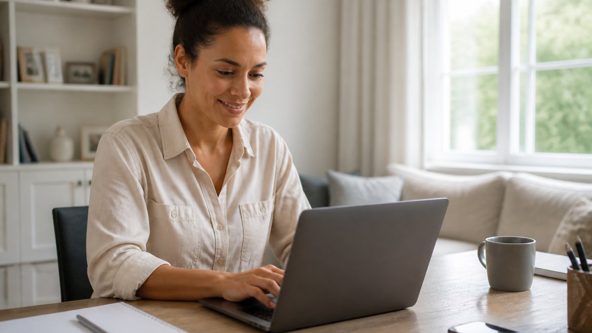 Person sitting at home on a laptop, browsing a curated fashion website with a satisfied expression, natural window lighting illuminating a clean desk workspace