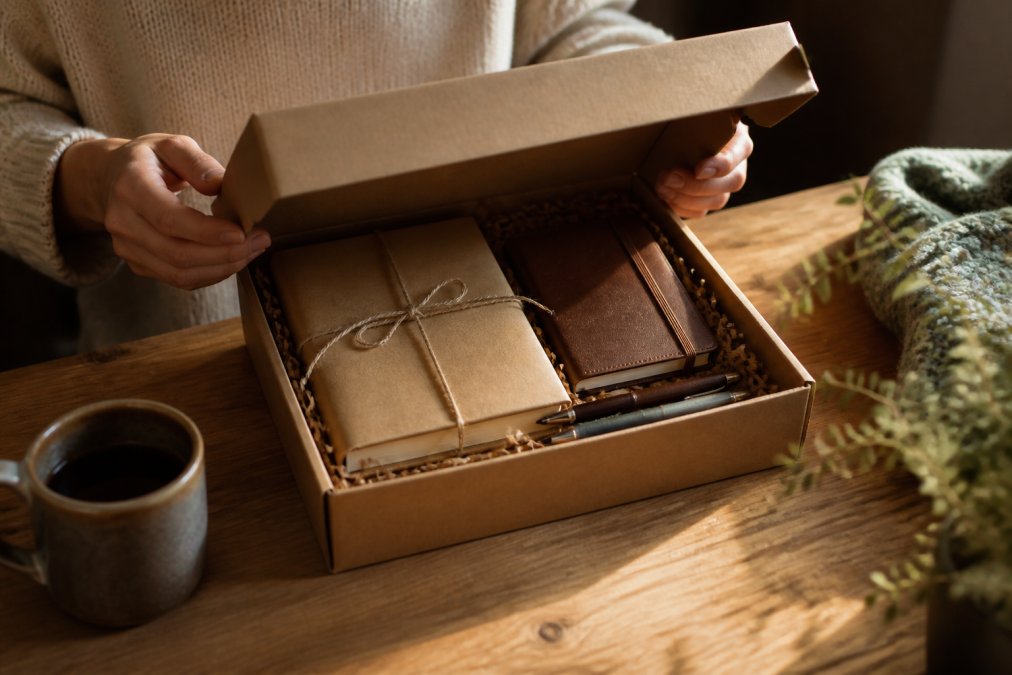 A person lifting the lid of a kraft-paper gift box on a wooden table, revealing a wrapped book, a small journal, and pens nestled in shredded paper, warm afternoon light across the scene