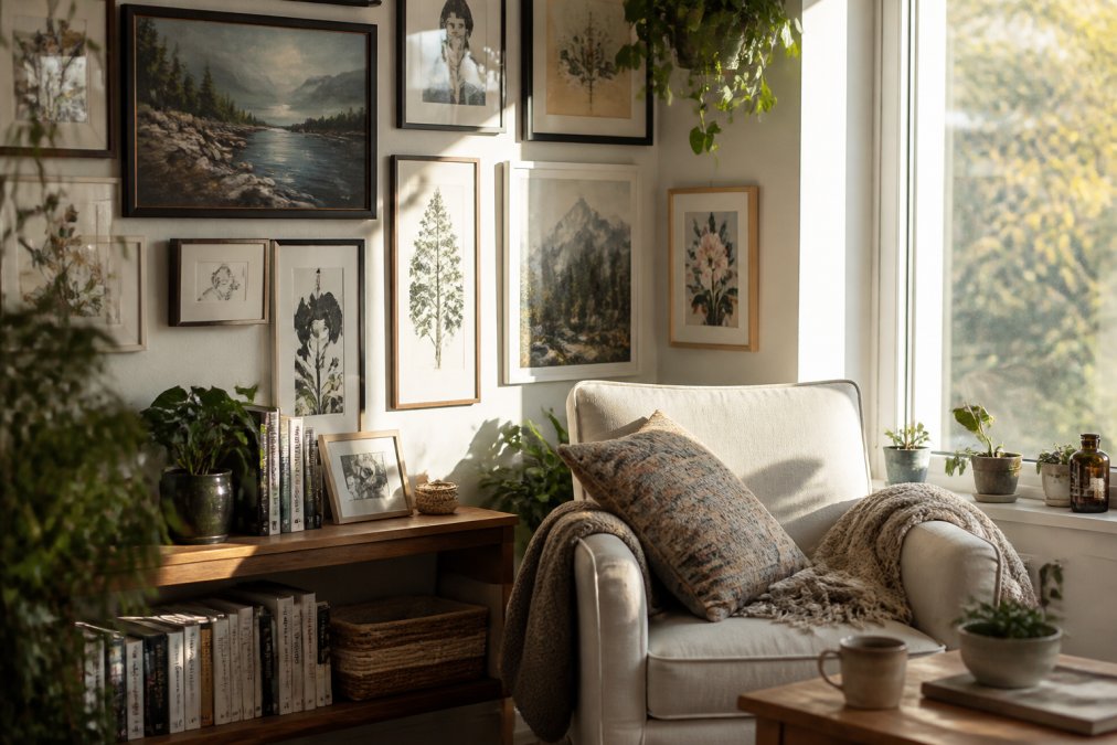 Step-by-step flowchart illustrating the process of selecting and arranging personal art for a gallery wall.