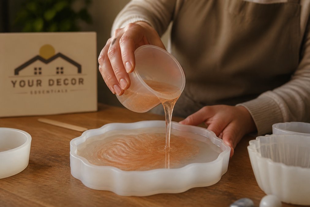 Close-up of artisan hands carefully pouring premium resin into a silicone mold, showing meticulous detail work, warm studio lighting, and the texture of the uncured material