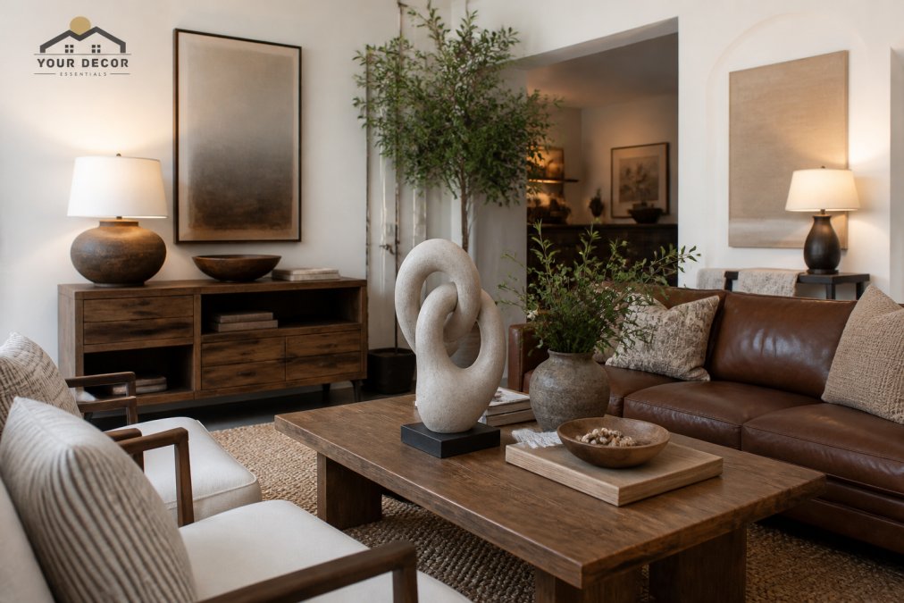 Thoughtfully styled living room with mixed vintage and modern furniture, featuring an abstract sculpture as focal point, warm functional lighting, natural wood accents, and intentional spatial arrangement without visual clutter