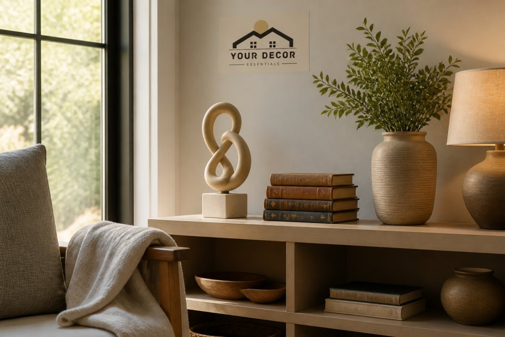 A sunlit living room corner in a real home showing a styled shelf with a small abstract sculpture, a stack of vintage books, a textured ceramic vase, and a warm table lamp, with a linen throw draped over a chair arm in the foreground