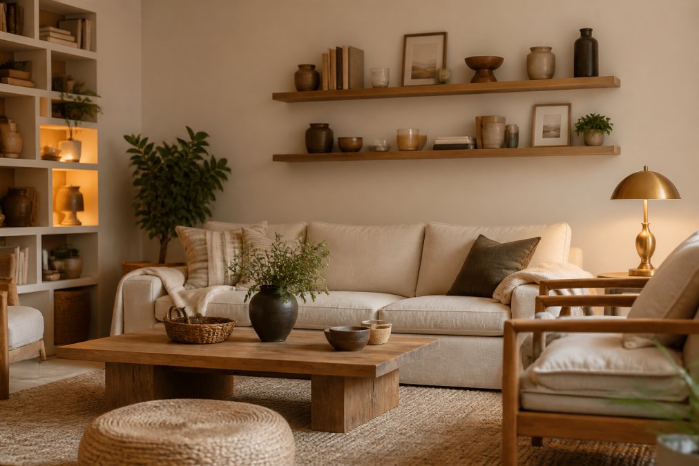 A thoughtfully arranged living room featuring natural wood furniture, soft linen textiles, warm ambient lighting from a vintage brass lamp, and carefully selected decorative objects on floating shelves without repetitive matching patterns