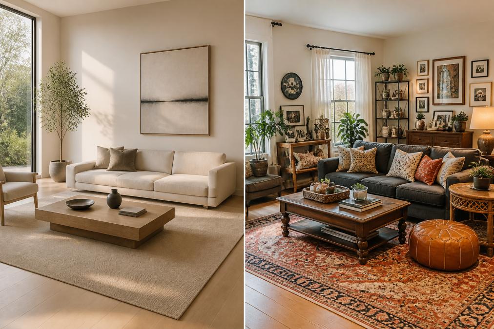 Minimalist living room with carefully selected high-quality furniture pieces, natural light streaming through large windows, clean lines, and intentional spacing between items