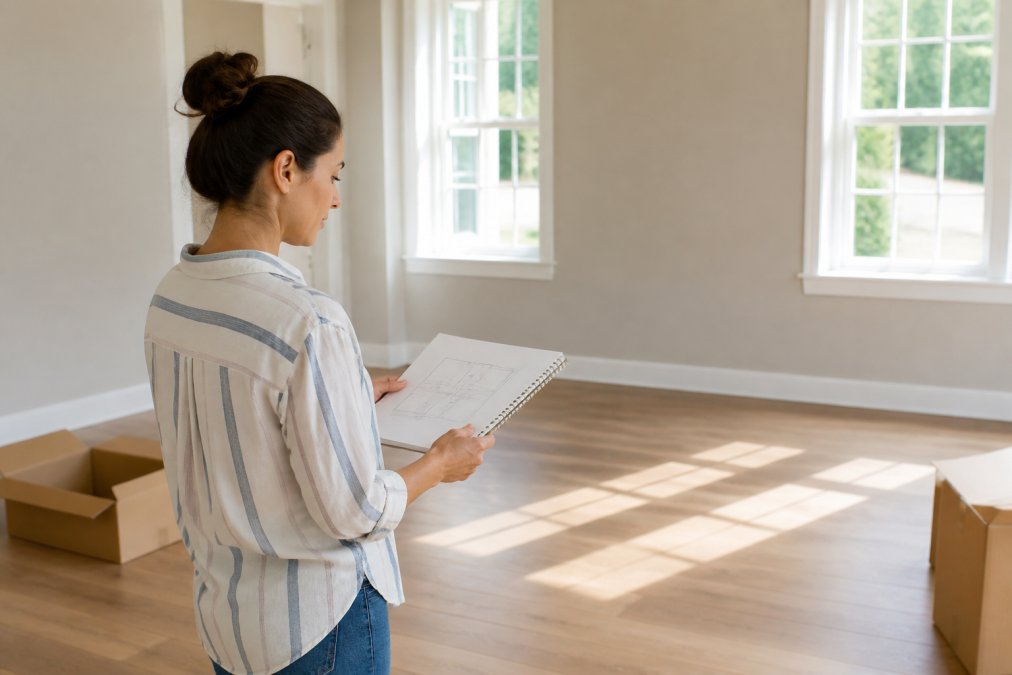 New homeowner reviewing room layout notes and sketches on a tablet while standing in a bright, empty room with natural light streaming through windows