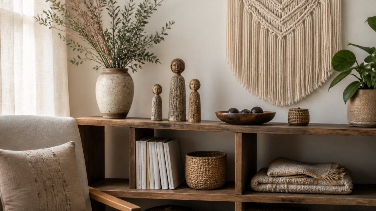 Minimalist living room shelf displaying a handcrafted ceramic vase, Nordic ceramic figurines, and bohemian macrame wall hanging arranged thoughtfully with books and natural materials in soft natural light