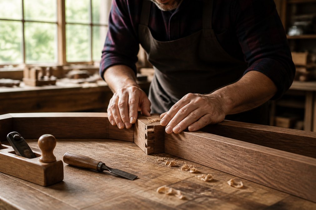 Artisan's hands carefully assembling wooden frame joints with precision tools, natural workshop lighting streaming through large windows, showing meticulous attention to joinery details