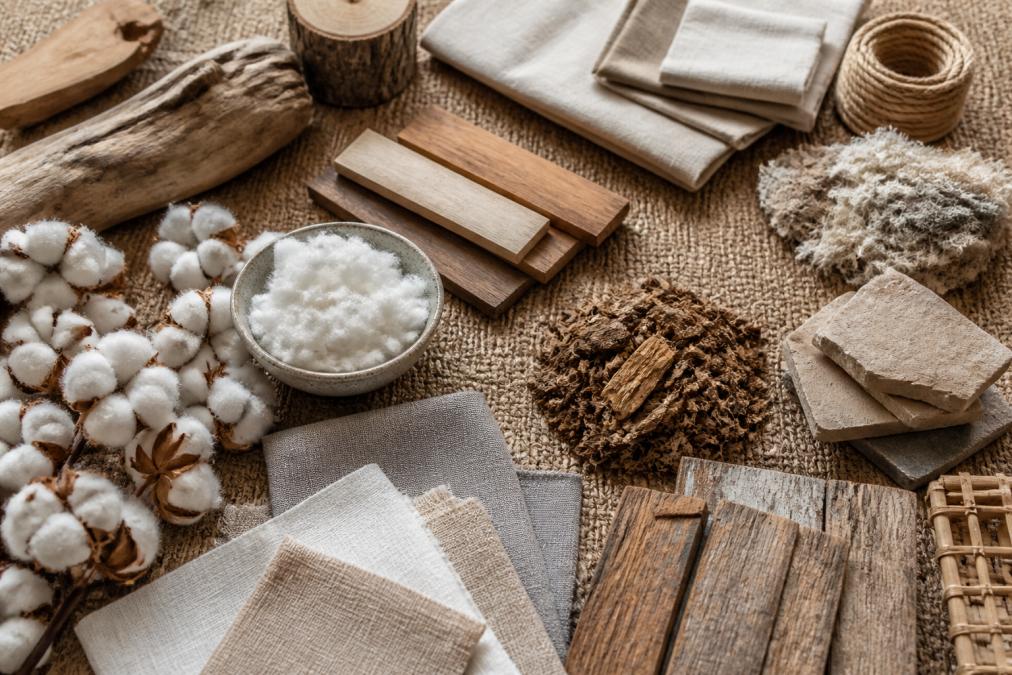 Array of natural home decor materials displayed together, raw wood samples, organic cotton fabric swatches, linen textiles, and reclaimed materials, showing quality raw material sourcing in natural light