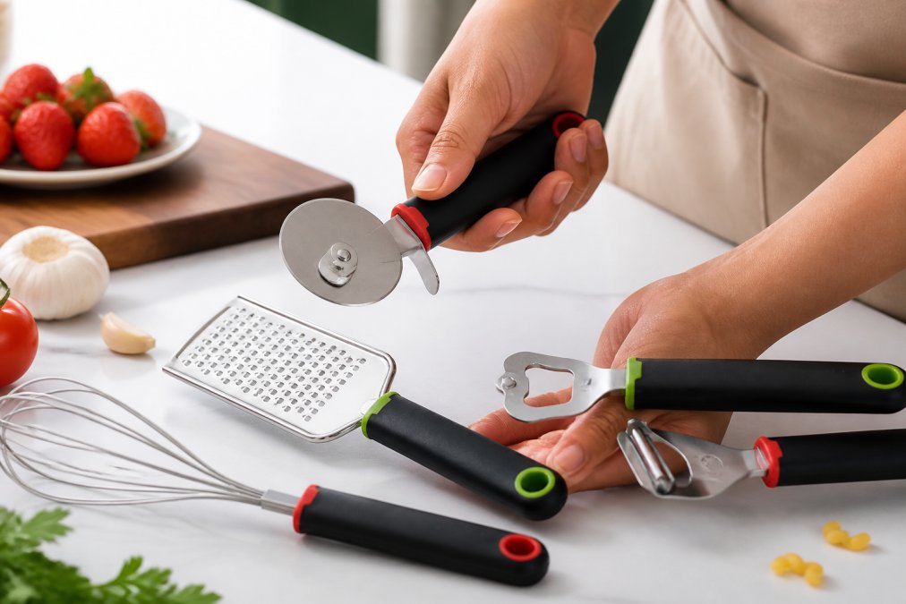 Close-up of hands examining the texture and craftsmanship of premium stainless steel kitchen utensils and wooden teak cooking tools, showing fine details and material quality in natural light