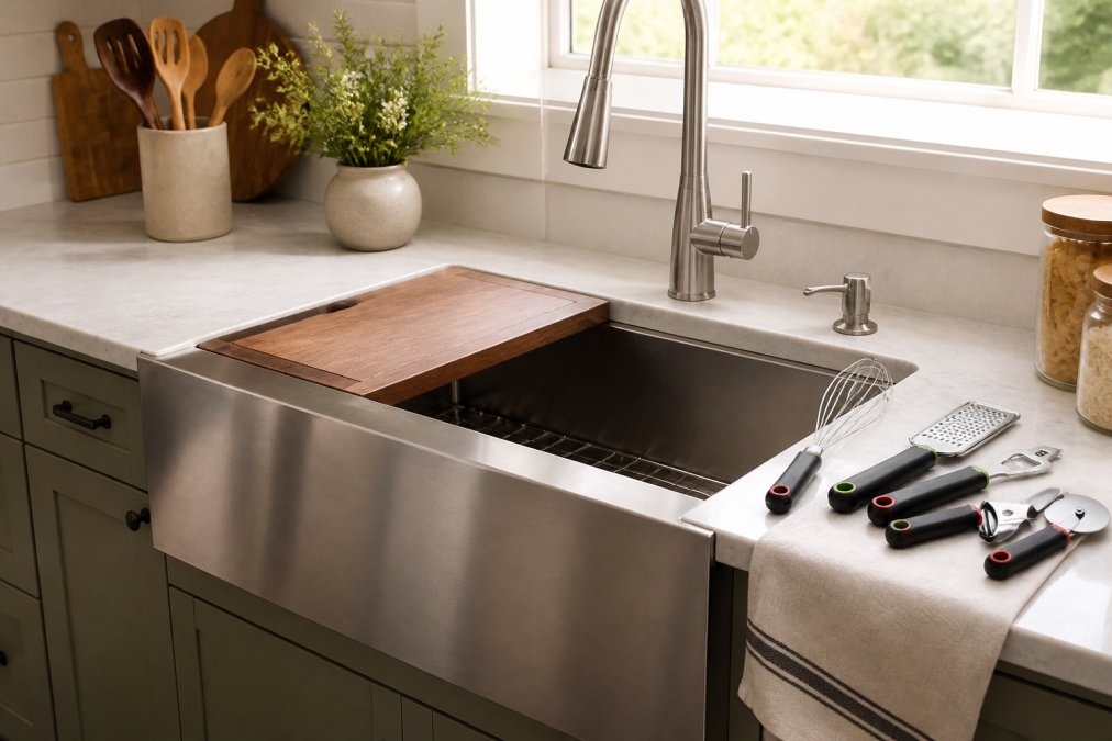 A minimalist, well-organized kitchen workspace featuring a stainless steel farmhouse sink with reinforced ledge, a professional pull-down faucet, and curated wooden and stainless steel cooking utensils arranged thoughtfully on a clean countertop with natural window lighting