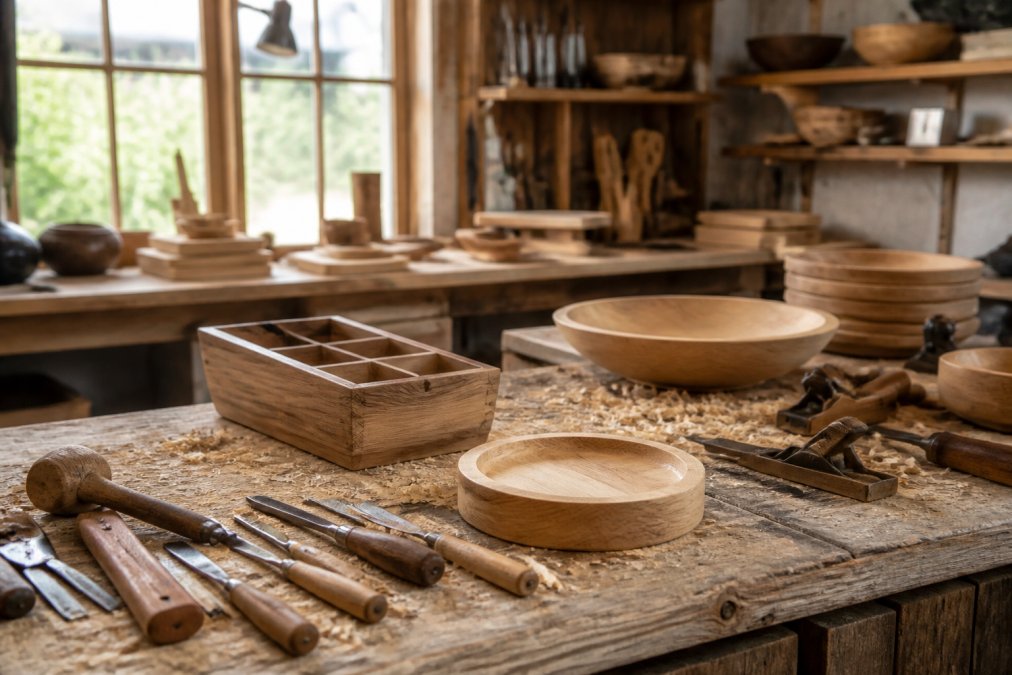 Artisan workshop with natural wood shavings, handcrafted wooden home goods in various stages of completion, and traditional hand tools on a workbench, with soft natural light streaming through large windows