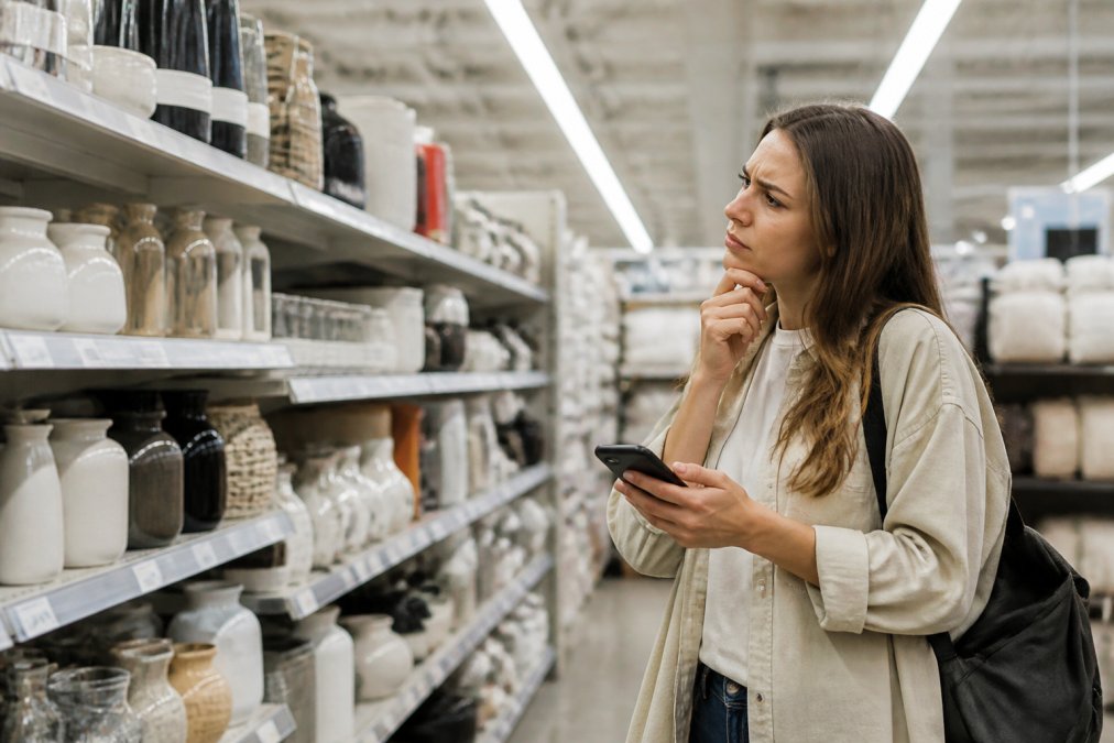 A person standing in a brightly lit big-box retail aisle, holding a phone and looking uncertain at a wall of nearly identical home decor products, fluorescent lighting overhead