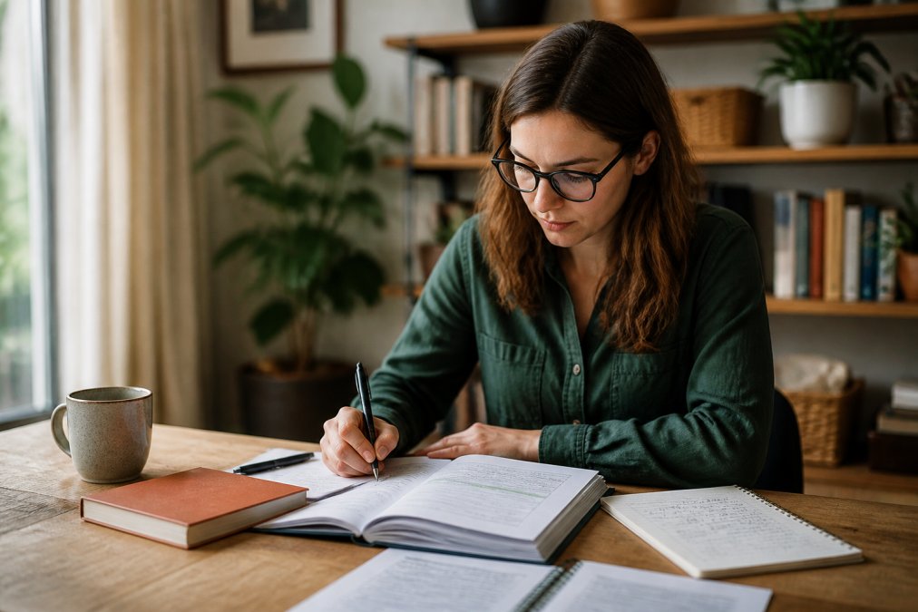 Professional studying intently at a desk with a structured workbook and notes, showing focused engagement with organized learning material