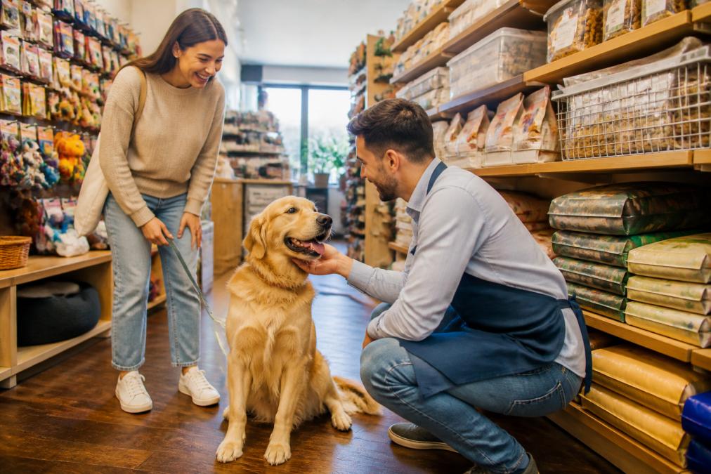 A friendly pet store employee kneeling down to greet a golden retriever while the owner smiles, surrounded by neatly organized shelves of premium pet food and toys in a bright, welcoming independent shop
