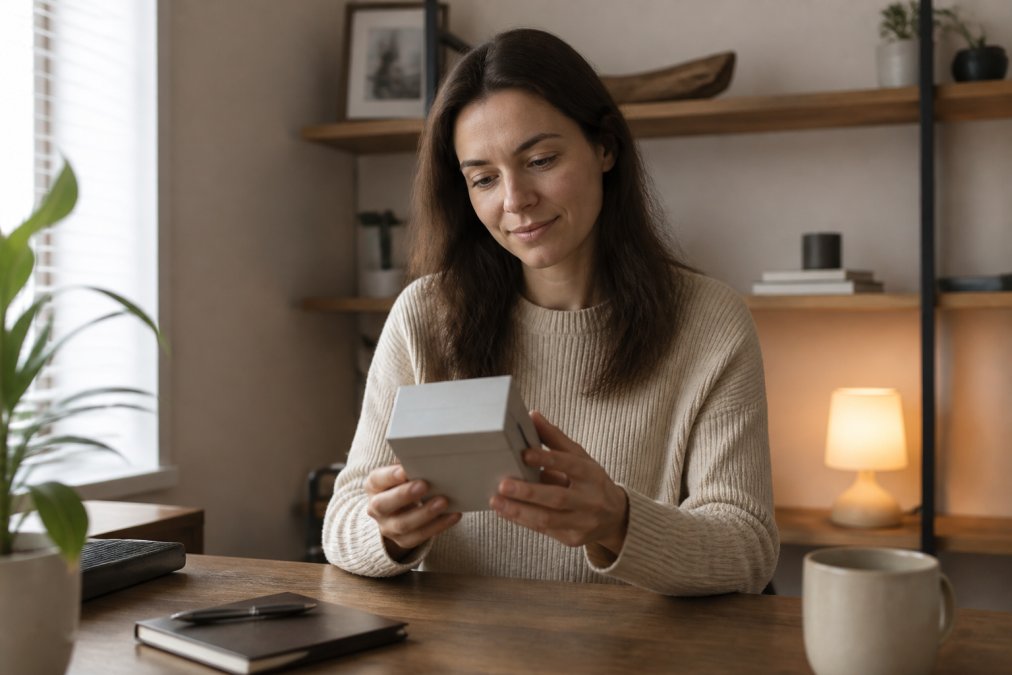 A person sitting at a tidy home desk in a softly lit room, holding one small boxed product with calm focus, shelves behind them uncluttered, warm ambient lamp glow