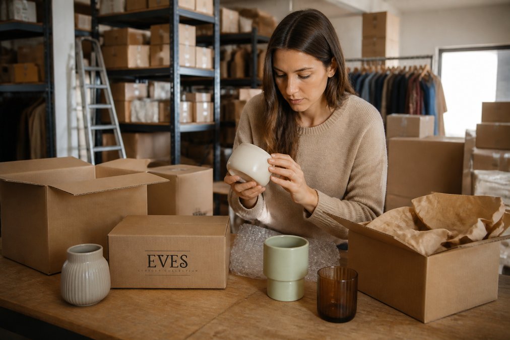 Retail curator carefully examining and selecting items from a diverse collection of products in a warehouse setting, hands-on evaluation of quality and fit visible under bright overhead lighting