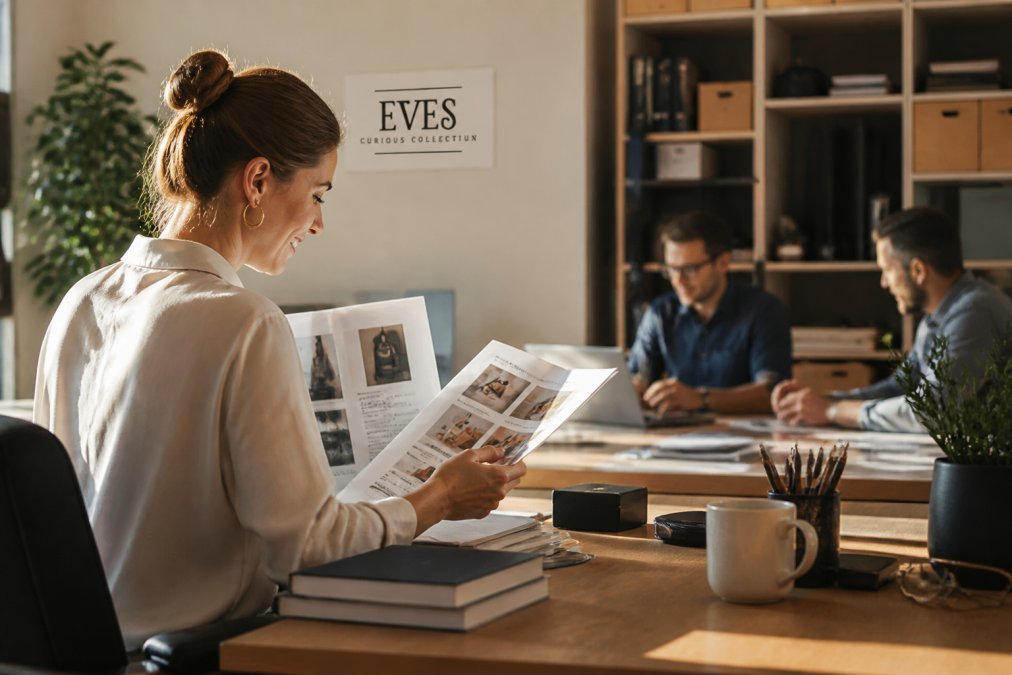 Person browsing a thoughtfully organized online shopping interface displaying curated product selection with clear organization and presentation, natural lighting on screen