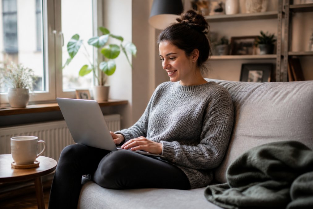 Person sitting at home on a couch with a laptop, looking relaxed while browsing curated products on their screen, a cup of coffee on the side table, warm natural lighting from a nearby window