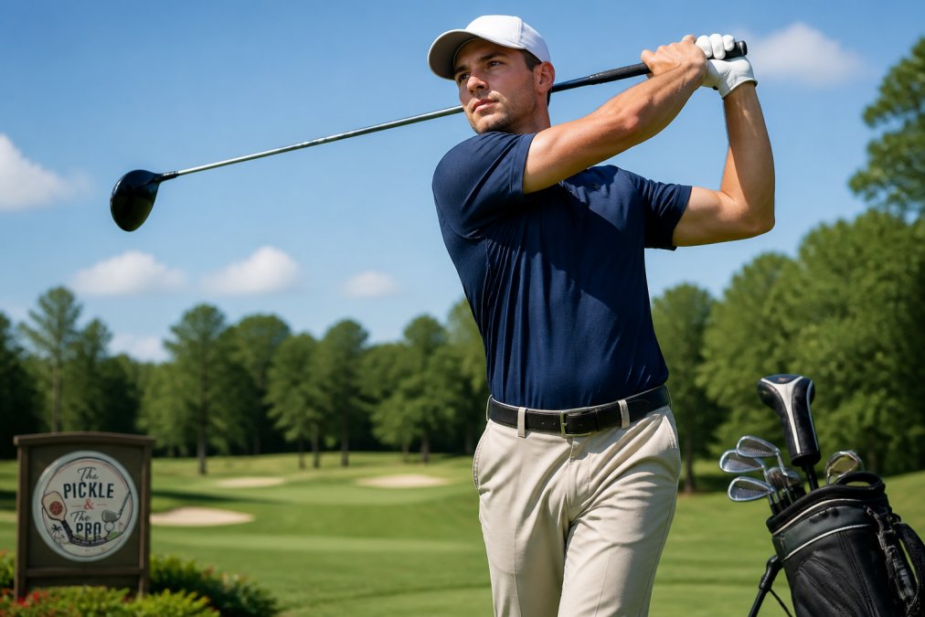 Focused athlete perfecting a golf swing with quality curated sports gear on a sunny course