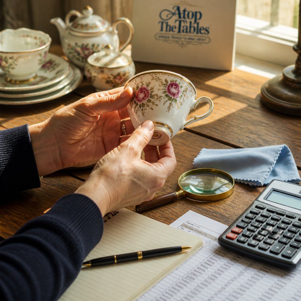 A close-up of hands carefully examining a vintage bone china teacup under warm natural light, with a magnifying glass and soft cloth nearby on a wooden table