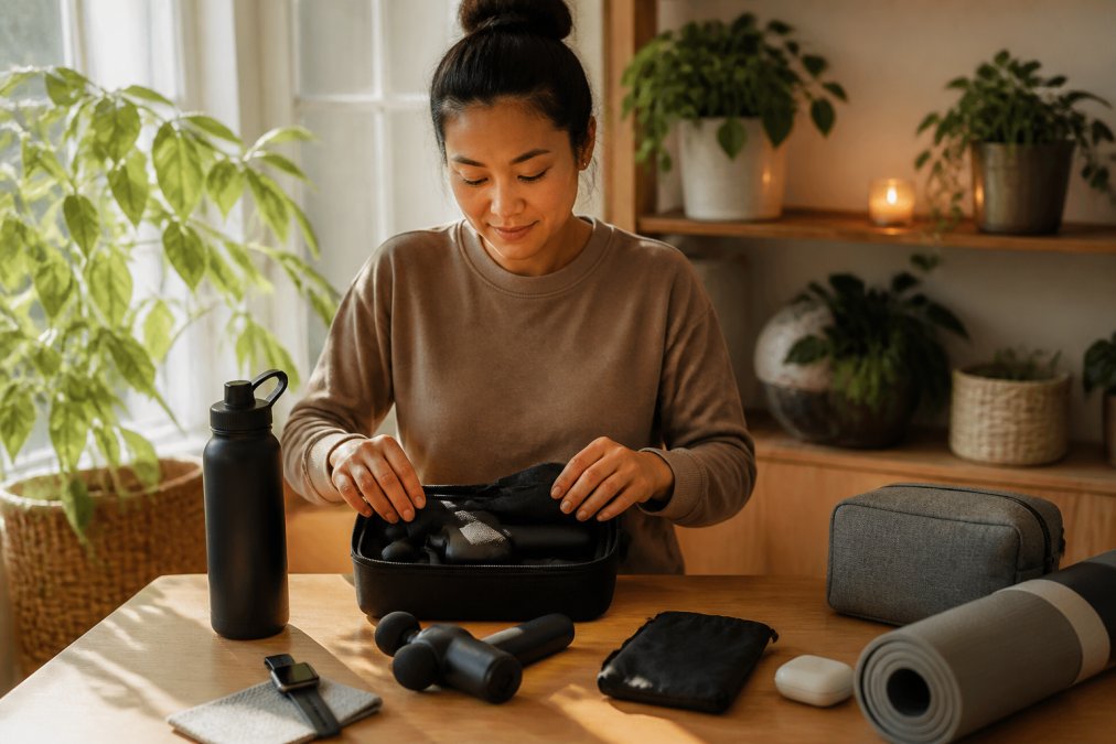 Person in home workspace setting up wellness equipment including a professional massage device, water bottle, and wearable tracker on a desk with plants and natural morning light streaming through window