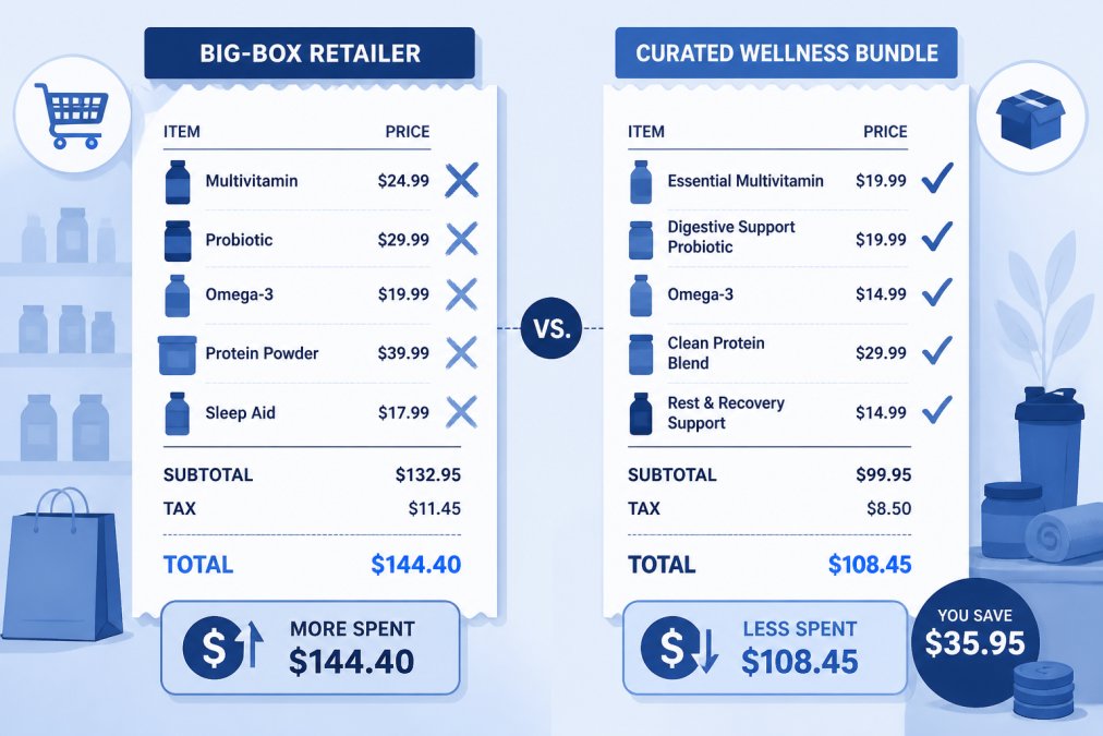 Side-by-side comparison showing a person's receipt from a big-box retailer with multiple ineffective wellness purchases crossed out, next to a curated wellness bundle receipt with checkmarks, illustrating the cost-benefit difference