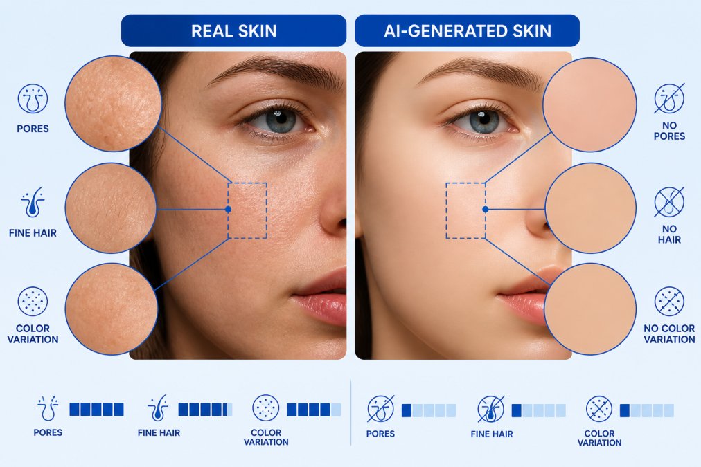 A detailed close-up of human skin showing natural pores, fine hair, and subtle color variations next to an AI-generated portrait with smooth, uniform skin texture lacking depth and micro-details