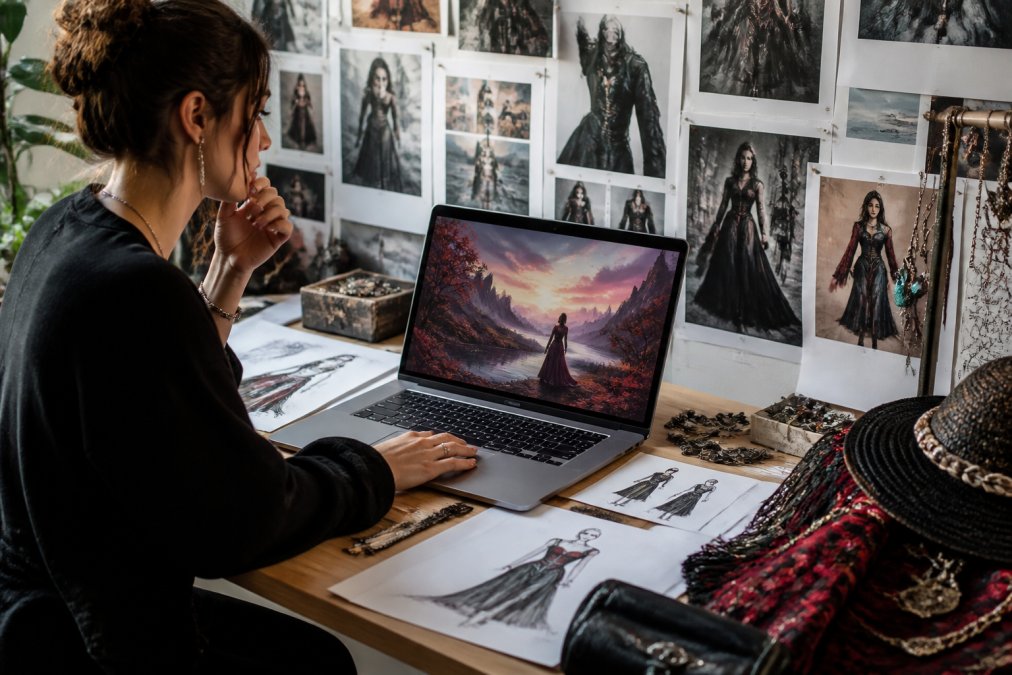 A creative professional sitting at a desk surrounded by reference materials, sketches, and mood boards, with a laptop displaying unique AI artwork featuring distinctive color grading and artistic style elements, natural studio lighting