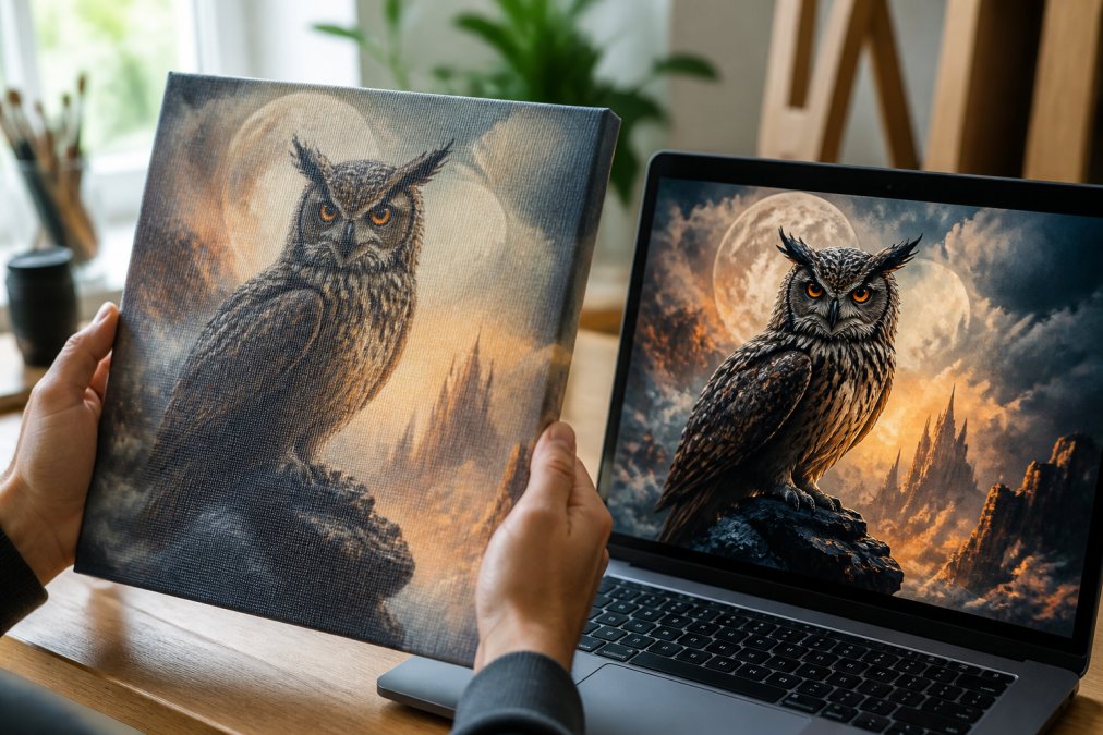 A person's hands holding a printed canvas next to a laptop screen displaying the same AI-generated owl artwork, comparing sharpness in a bright home studio