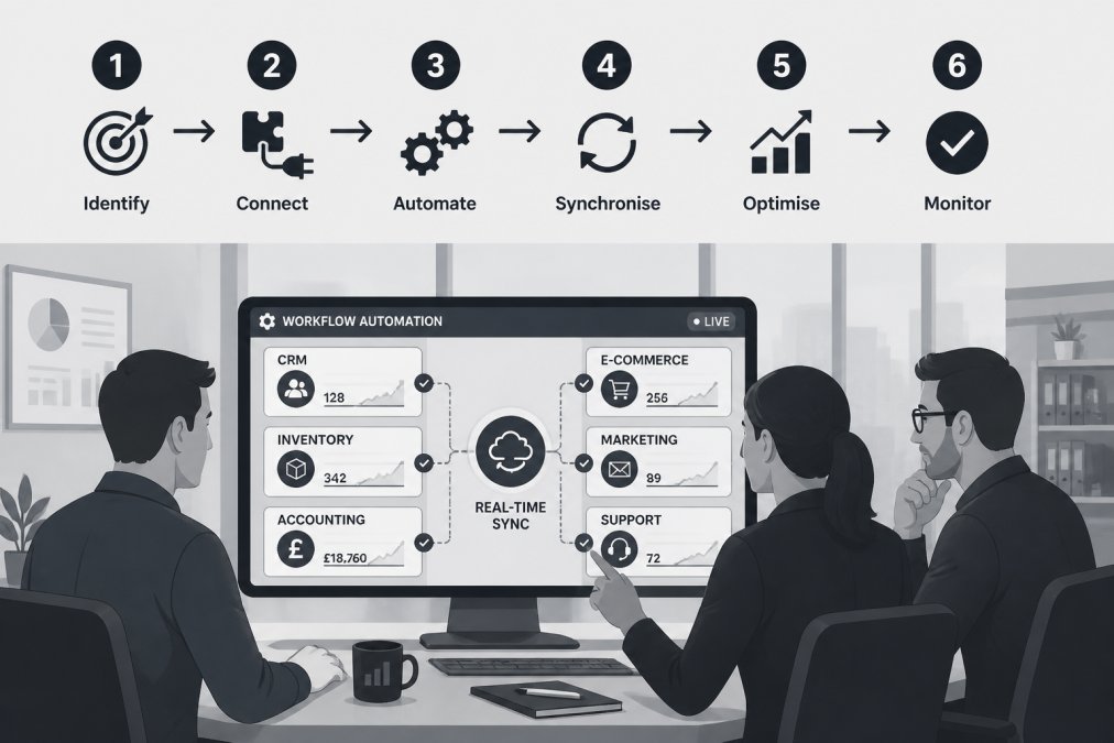 Business team reviewing workflow automation on a desktop computer in a modern office, with multiple systems displayed on screen showing real-time data synchronization