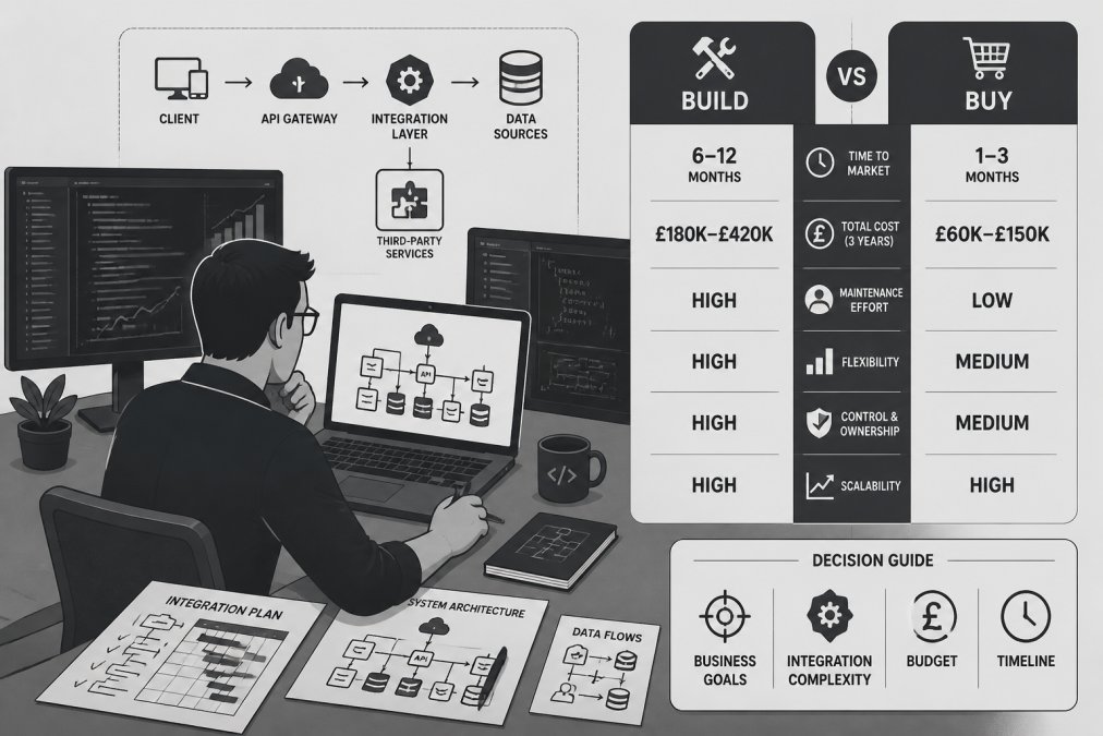 Developer or technical manager at a desk with laptop, reviewing system architecture diagrams and integration plans with multiple screens showing code and data flows