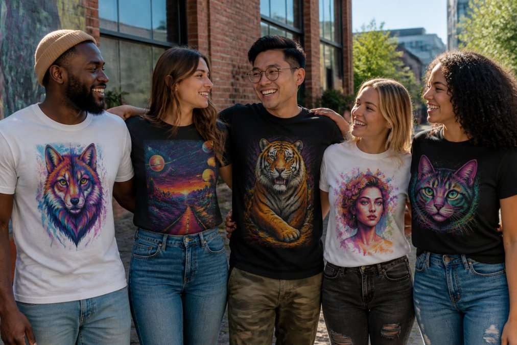 Diverse group of people wearing custom-designed t-shirts that reflect their individual interests and identities, standing together in a well-lit urban setting, each displaying their apparel with confidence and engagement