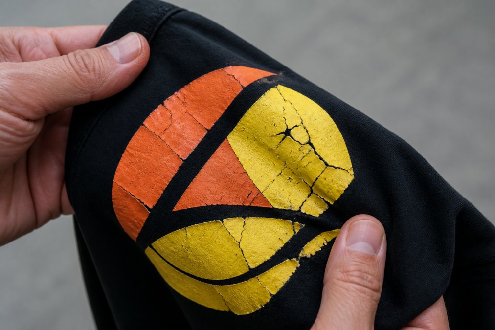 Close-up of a custom printed t-shirt showing visible cracks and peeling in the print area, held by two hands against a neutral gray background in soft daylight