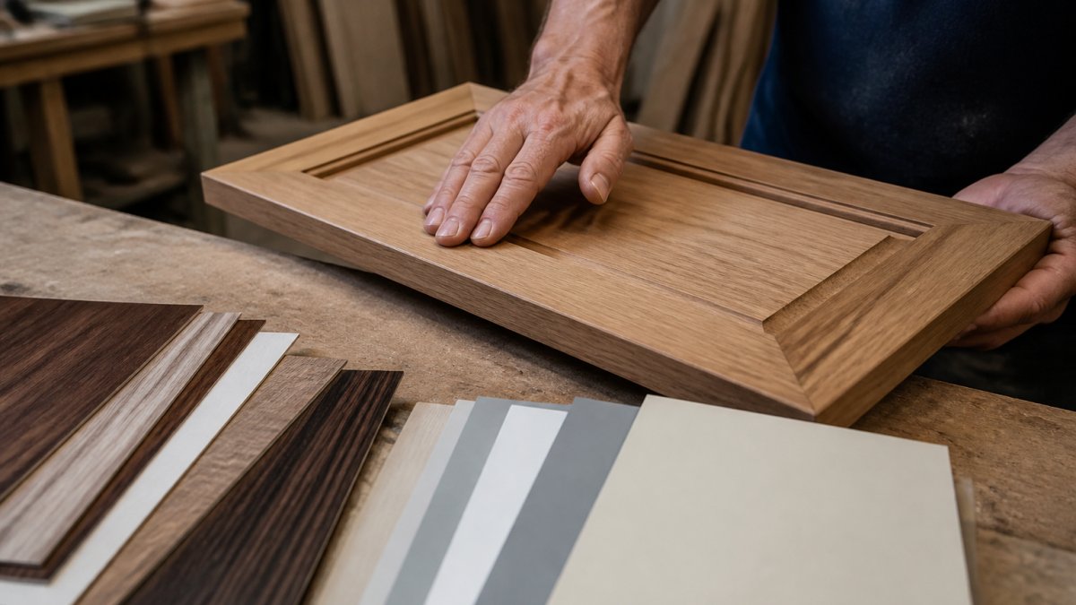 Close-up of a cabinetmaker's hands running along the edge of a timber cabinet door, with samples of veneer, laminate and painted finishes laid out on a workbench nearby