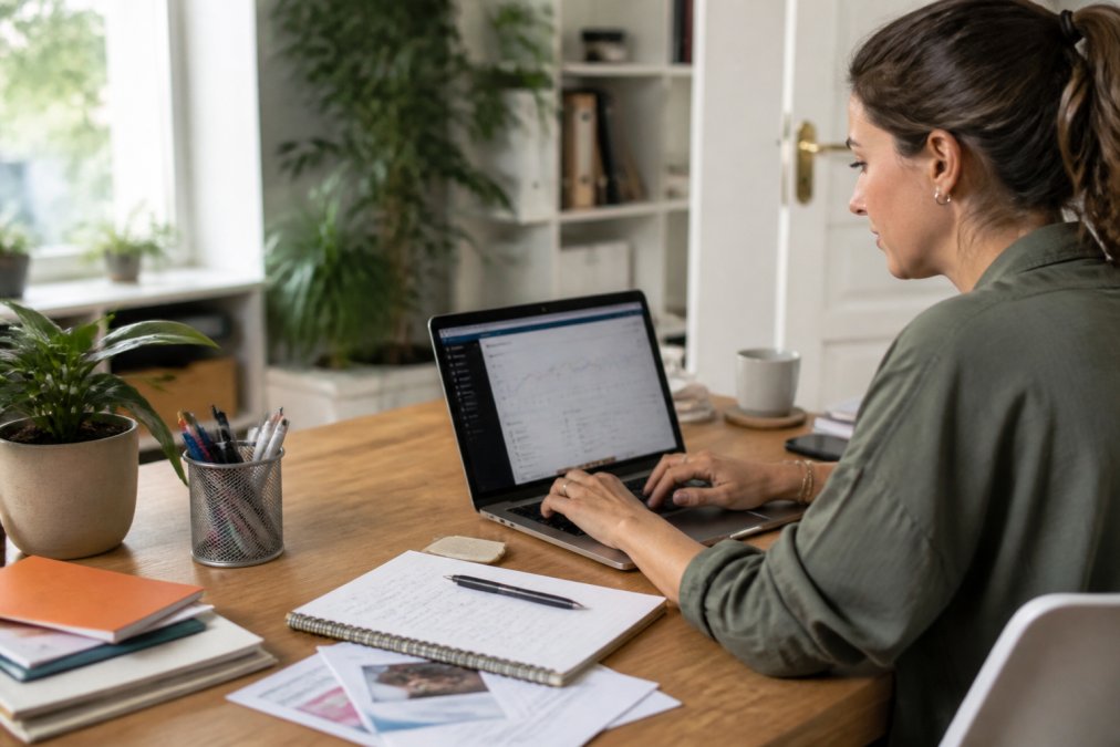 Small business owner at desk working on laptop with website analytics visible on screen, marketing materials and notes scattered nearby, modern workspace with natural lighting