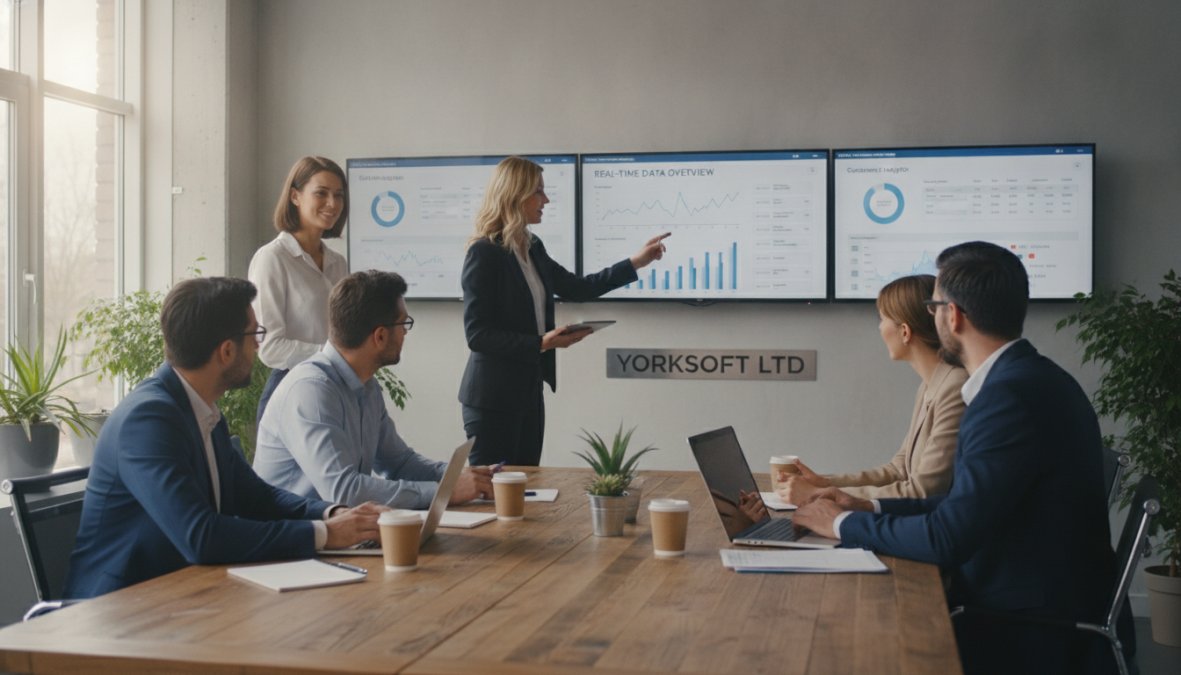Business team reviewing real-time order and inventory data on multiple monitors in a modern office environment, showing collaborative workflow and data-driven decision-making
