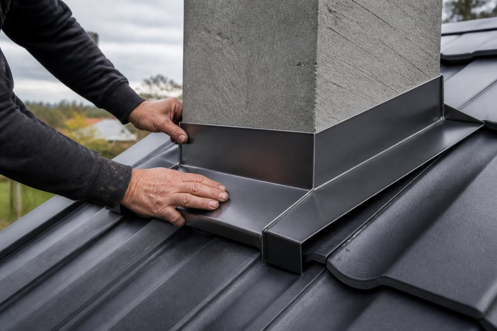 Close-up of a craftsman's hands fitting a precisely folded metal flashing around a chimney base on a sloped roof, with visible tight seams and clean fold lines, overcast Nordic daylight