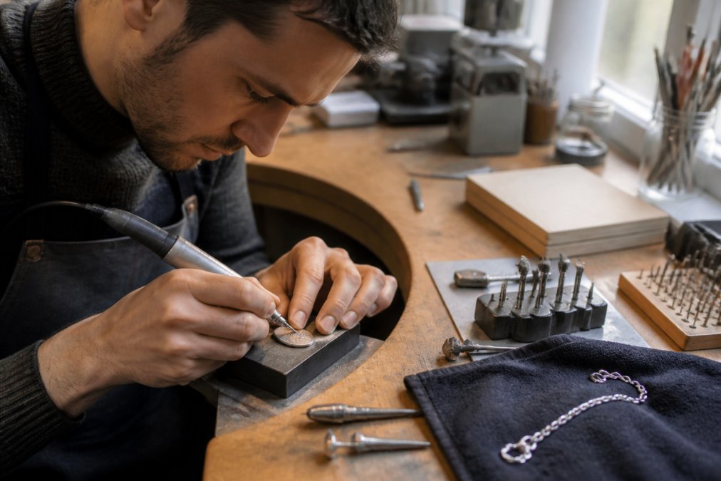An artisan in a small workshop carefully engraving a name onto a stainless steel necklace pendant, with jewelry tools and a soft cloth on the workbench